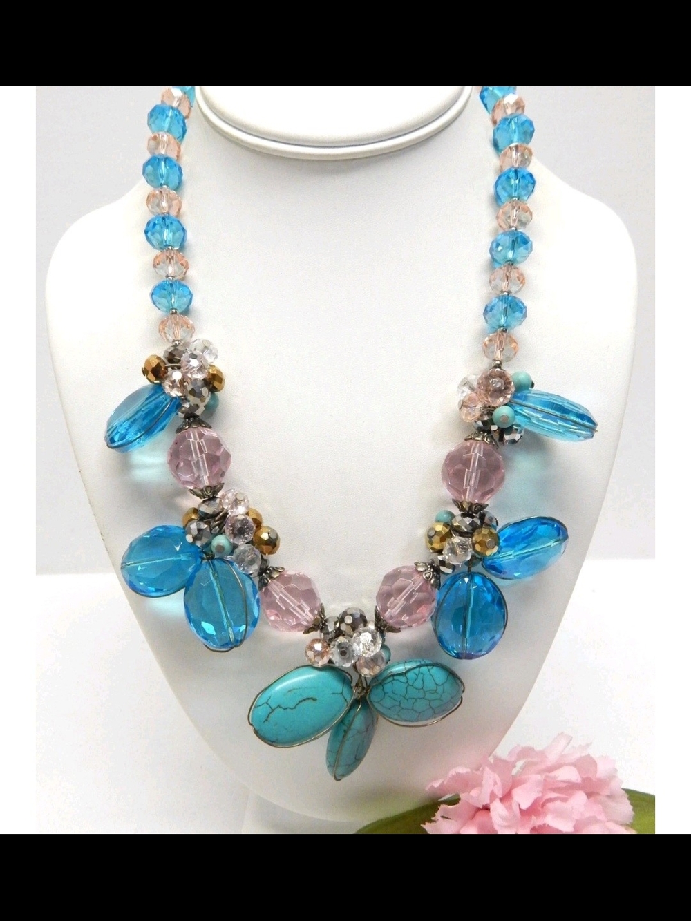 Turquoise & Pink Statement Floral Cluster Necklace